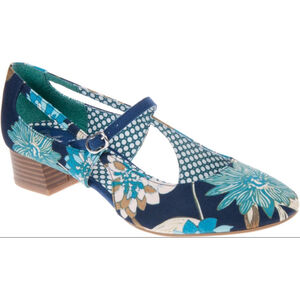 Women's Ruby Shoo Blue Teal Floral side cut out Mary Jane Heels Size 7